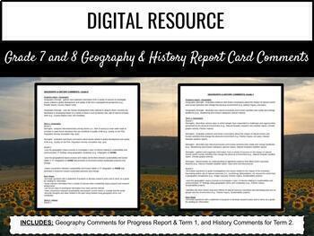 Preview of Ontario Report Card Comments - Grade 7 and 8 Geography and History (Editable)