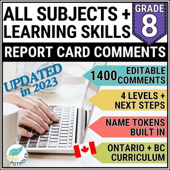 Preview of Ontario Report Card Comments Grade 8 ALL SUBJECTS & Learning Skills EDITABLE +BC