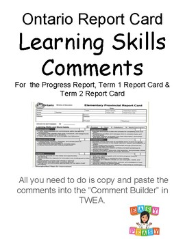 Preview of Ontario Report Card Learning Skills Comments