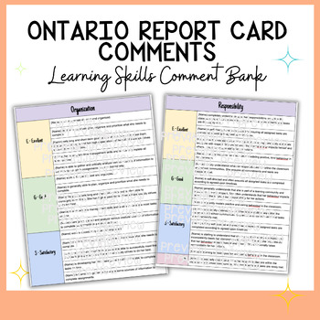 Preview of Ontario Report Card Learning Skills Comments Guide - All levels E, G, S, N