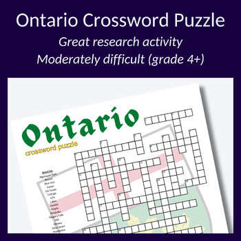 Preview of Ontario crossword for vocabulary, research activity or parties! Grade 4+