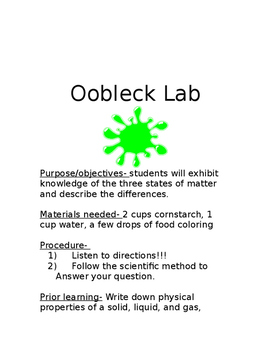 Oobleck Lab-Solid, Liquid, or Gas? by King's Science | TpT