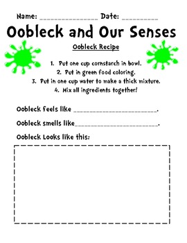 Preview of Oobleck Recipe and Writing and Senses Activities