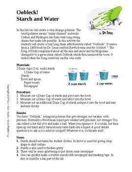 Preview of Solid or Liquid? Dr Seuss' Oobleck Lab (very easy starch and water)