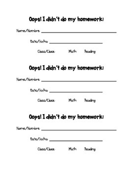 Oops No Homework Slip by Second Grade with Mrs G