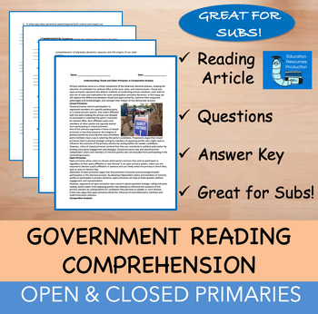 Preview of Open & Closed Primaries - Reading Comprehension Passage & Questions