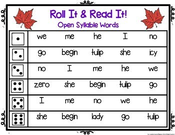 Open & Closed Syllables Roll It! Read It! Game Cards Plus Posters