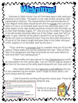 Open House Welcome Letter by Fourth Grade Mania | TPT