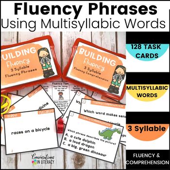 Preview of Open and Closed Syllables Fluency Phrases & Comprehension Task Cards 3 Syllable