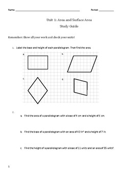 Preview of Open Up Resources Unit 1 End-of-Unit Practice Problems - Area and Surface Area