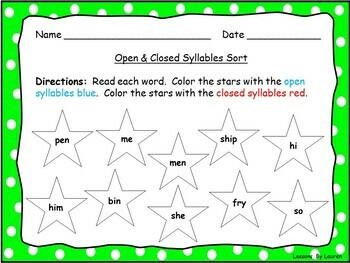 Open and Closed Syllable Coloring Sort by Lessons By Lauren | TpT