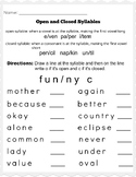 Open And Closed Syllables Worksheet | Teachers Pay Teachers