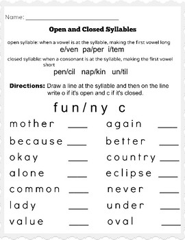 Open Closed Syllables Worksheet