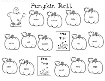 Preview of Open/closed syllable pumpkin roll board game