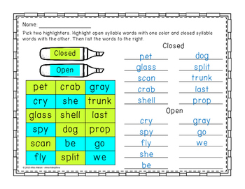 Freebie Open vs. Closed Syllable Highlight Sort by Miss Maisie | TpT