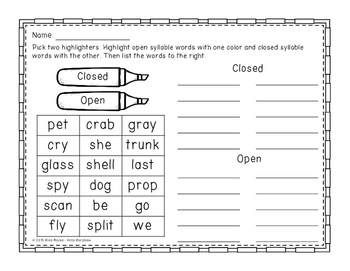 Freebie Open vs Closed Syllable Highlight Sort by Miss Maisie TPT