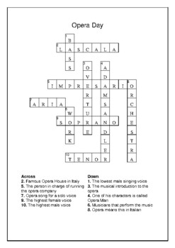 Opera Day February 8th Crossword Puzzle Word Search Bell Ringer