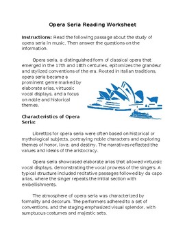 Preview of Opera Seria Reading Worksheet FREE **Editable**