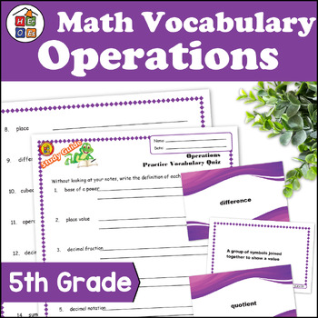 Preview of Operations | 5th Grade Math Vocabulary Study Guide Materials and Quizzes