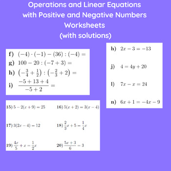 Preview of Operations and Linear Equations  with Positive and Negative Numbers  Worksheets