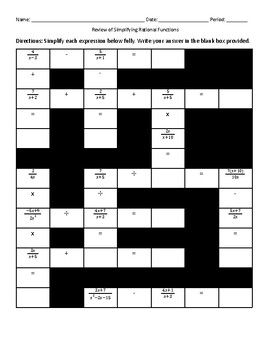 Preview of Operations of Rational Functions - Crossword Puzzle