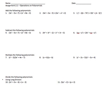 Preview of Operations on Polynomials - Assignment