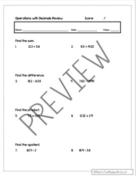 Preview of Operations with Decimals Work Sheet