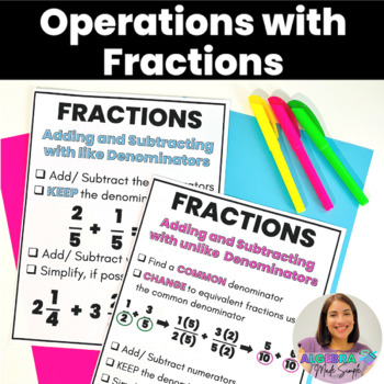 Preview of Operations with Fractions Posters Anchor Charts Study Guide Color Black White