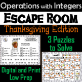 Operations with Integers Game: Escape Room Thanksgiving Ma