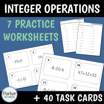 Preview of Operations with Integers PDF WORKSHEETS and TASK CARDS