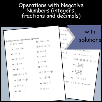 Preview of Operations with Negative Numbers (integers, fractions and decimals) Worksheet (w