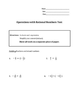 Preview of Operations with Rational Numbers (Fractional Integers) Test