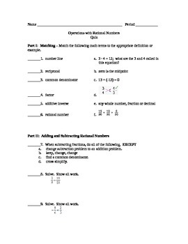 Preview of Operations with Rational Numbers Quiz or Test