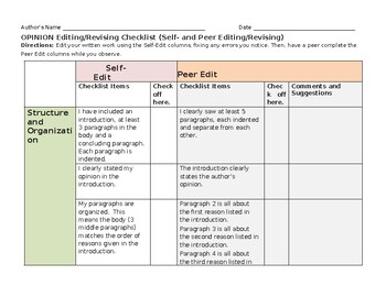Preview of Opinion 5-Paragraph Self/Peer Edit and Revise Checklist
