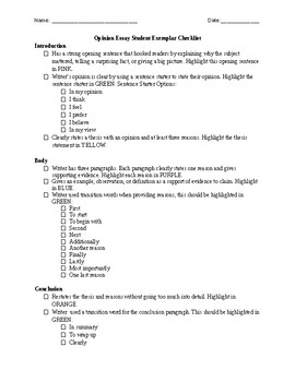 Preview of Opinion Essay Checklist EDITABLE