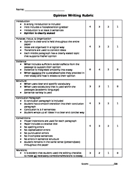 Preview of Opinion Essay Rubric