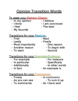 Preview of Opinion Essay Writing - Types of Transition Words