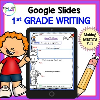 Preview of Opinion Narrative Informational 1st GRADE WRITING PROMPTS GOOGLE SLIDES TEMPLATE