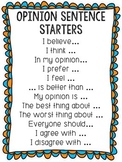 Opinion Sentence Starters (Anchor Chart & Task Cards)