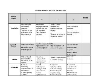 Preview of Opinion Short Essay Rubric for ESL students