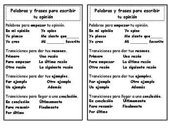 Preview of Opinion Transition Words and Phrases in Spanish
