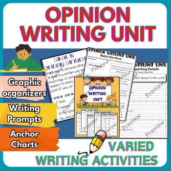 Preview of Opinion Writing Activities (Anchor chart, Prompts, Graphic organizer, How to)