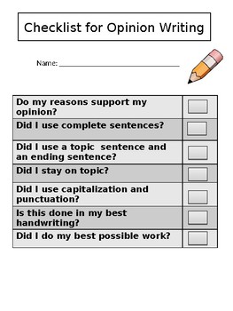 Opinion Writing Checklist by Shay Effler | Teachers Pay Teachers