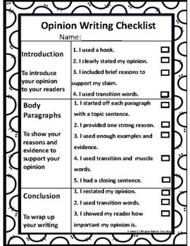 Opinion Writing Checklist by Bilingual Teacher Eva Liang | TPT