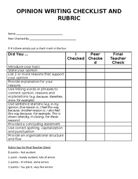 Preview of Opinion Writing Checklist and Rubric