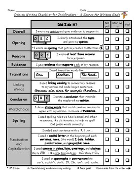 Preview of Opinion Writing Checklist for Grade 2 - Source for Writing Goals