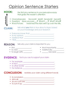 Opinion Writing EBSR with Sentence Starters by Out of Your Head Into ...