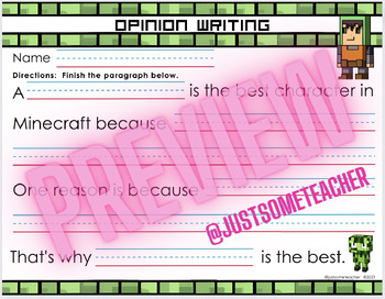 Preview of Opinion Writing ~ MINECRAFT ~ Print the PDF or use EASEL!