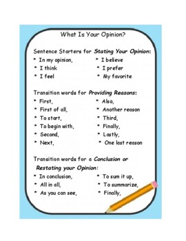 Opinion Writing Poster with Sentence Starters and Transition Words