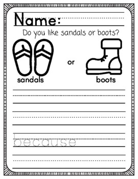 Preview of Opinion Writing Practice - Do you like sandals or boots?